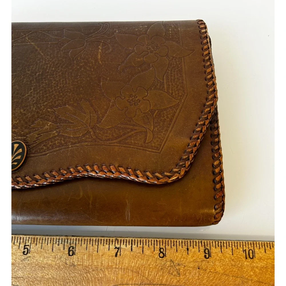 Vintage 1920s Leather Clutch Hand Tool Double Side Whipstitch Snap Floral Folds